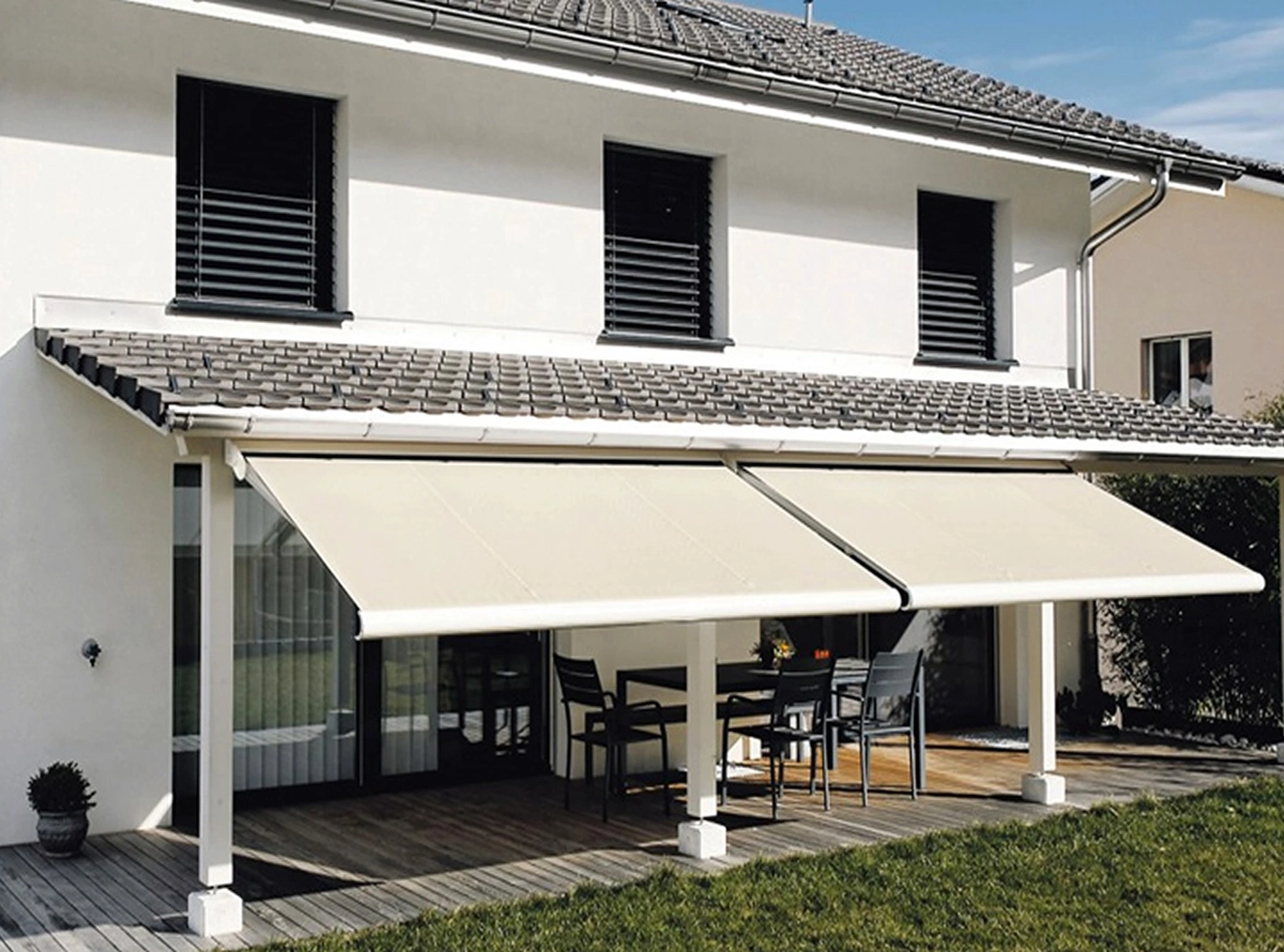 Modern patio with retractable awnings.