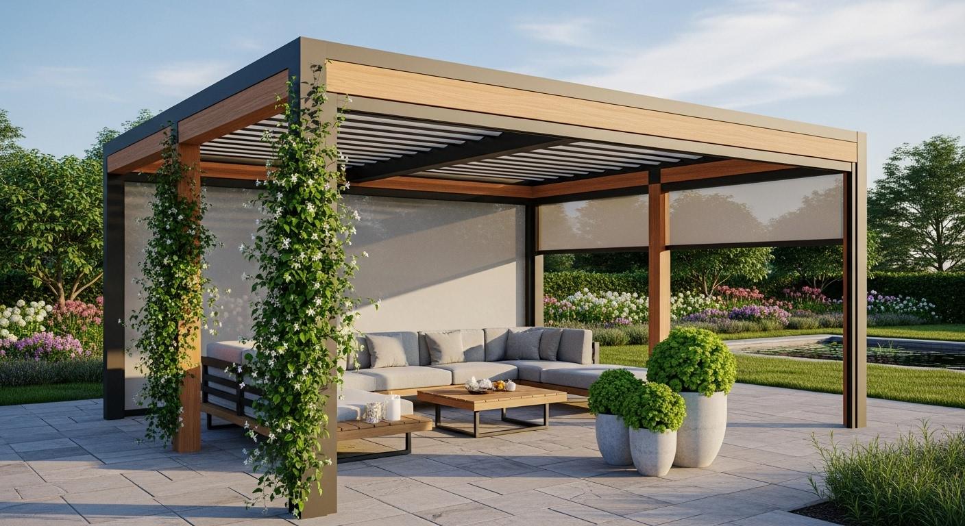 Modern pergola with lush greenery